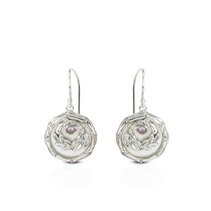 amethyst earrings 925 sterling silver decorated with bamboo leaf frame and white shell