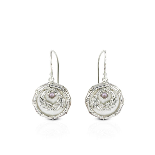 amethyst earrings 925 sterling silver decorated with bamboo leaf frame and white shell