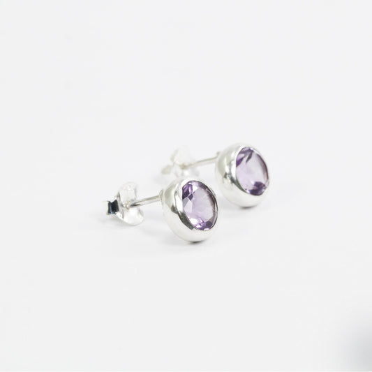 Amethyst Earrings Studs 7*7 mm round shape bezel set in 925 stud earrings push back closure