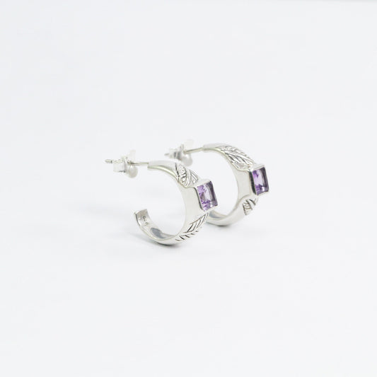 hoop earrings 925 sterling silver with genuine amethyst decorated with leaf ornament