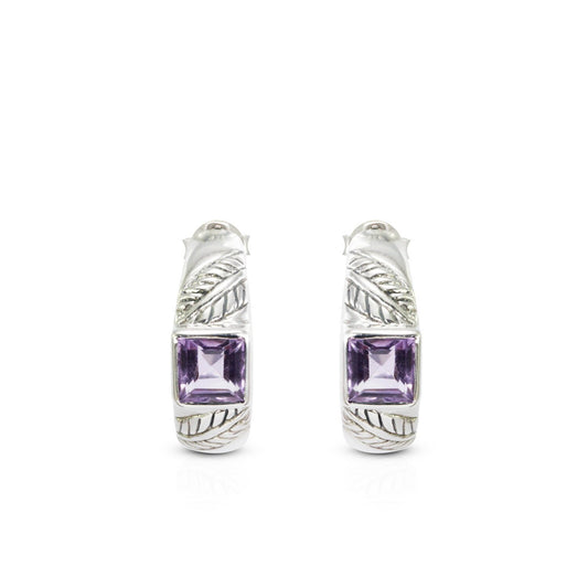 hoop earrings 925 sterling silver with genuine amethyst decorated with leaf ornament