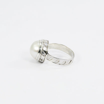 white mabe pearl ring 12 MM set in 925 sterling silver decorated with wave ornament