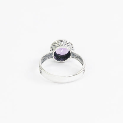 Amethyst solitaire ring handmade bezel set in 925 sterling silver decorated with woven ornament