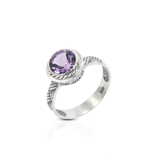 Amethyst solitaire ring handmade bezel set in 925 sterling silver decorated with woven ornament