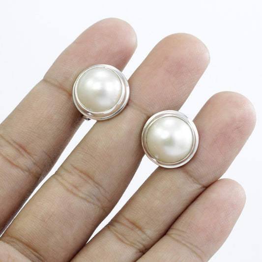 white mabe pearl earrings stud handmade 925 sterling silver with safety omega closure lock 15 mm large