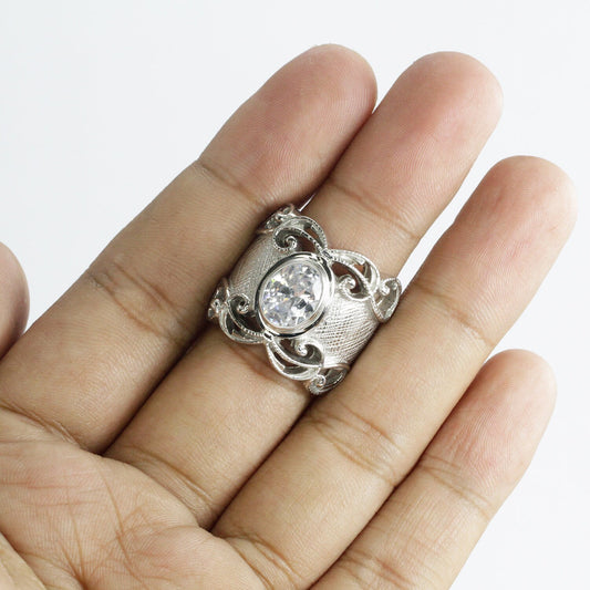 Wide band ring for women 925 sterling silver with genuine white crystal decorated with filigree ornament