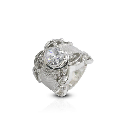 Wide band ring for women 925 sterling silver with genuine white crystal decorated with filigree ornament