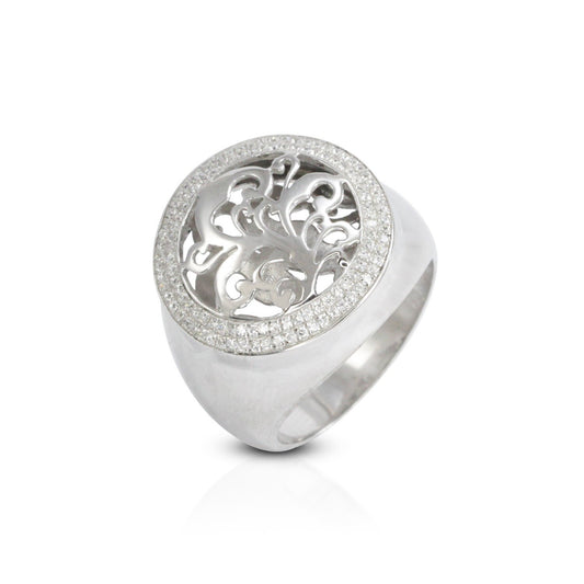 round ring 925 sterling silver decorated with open work filigree ornament and white zircon