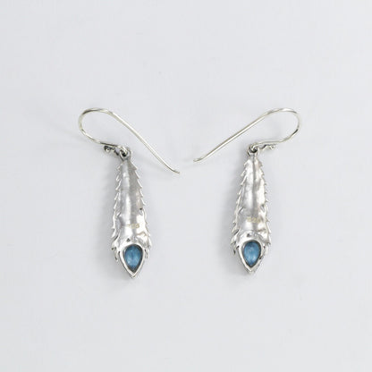 feather earrings 925 sterling silver with genuine blue topaz 4*6 mm bezel set