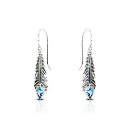 feather earrings 925 sterling silver with genuine blue topaz 4*6 mm bezel set