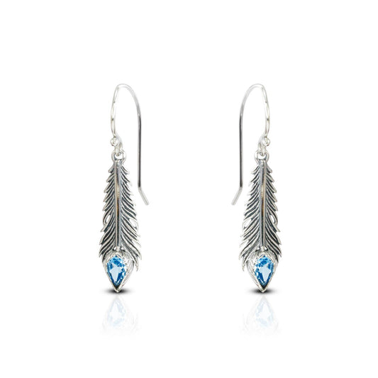 feather earrings 925 sterling silver with genuine blue topaz 4*6 mm bezel set