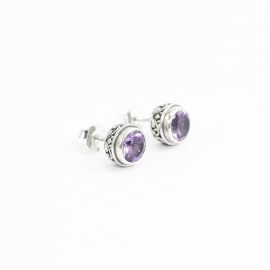 Amethyst Earrings stud 925 sterling silver with genuine Brazilian amethyst decorated with filigree bezel