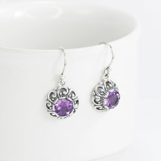 flower earrings 925 sterling silver decorated with genuine Brazilian amethyst round shape