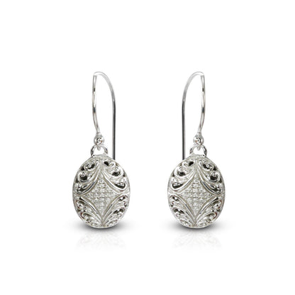 oval earrings 925 sterling silver decorated with open work filigree and white zircon