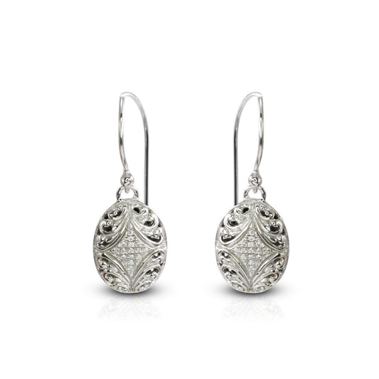 oval earrings 925 sterling silver decorated with open work filigree and white zircon