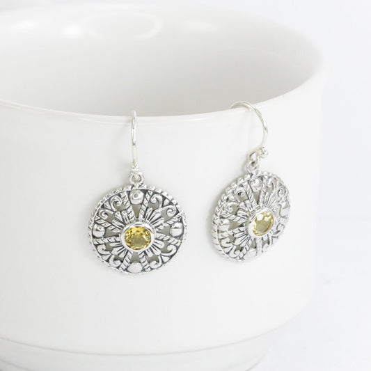 Citrine earrings 925 sterling silver decorated with delicate filigree ornament circle shape