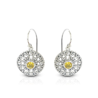 Citrine earrings 925 sterling silver decorated with delicate filigree ornament circle shape
