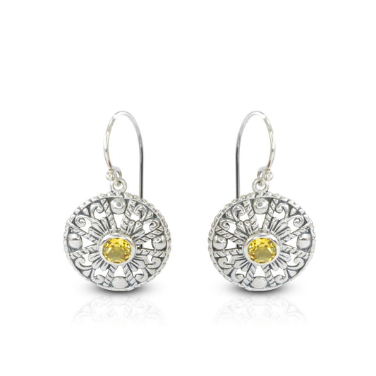 Citrine earrings 925 sterling silver decorated with delicate filigree ornament circle shape