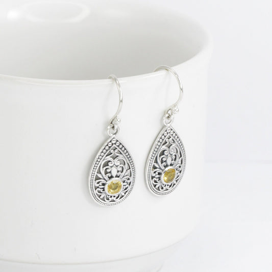 Yellow Citrine earrings 925 sterling silver decorated with beautiful open work filigree