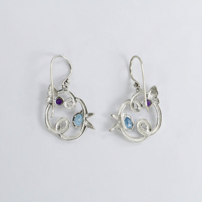 Floral earrings dangle 925 sterling silver with genuine blue topaz and natural amethyst