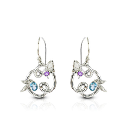 Floral earrings dangle 925 sterling silver with genuine blue topaz and natural amethyst