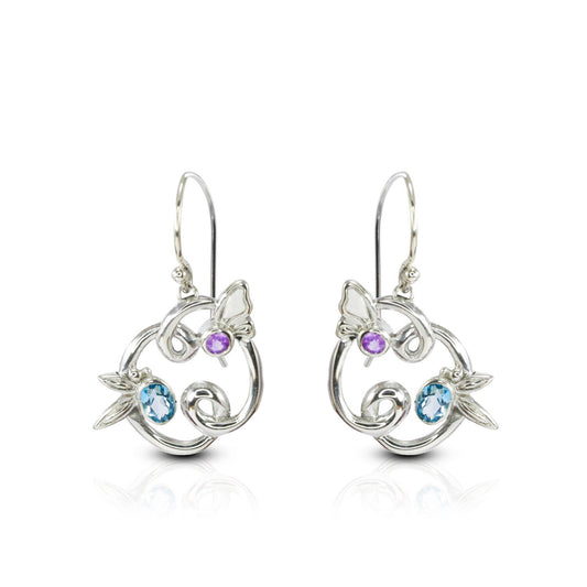Floral earrings dangle 925 sterling silver with genuine blue topaz and natural amethyst