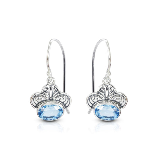 genuine blue topaz earrings 925 sterling silver decorated with swirl filigree flower ornament