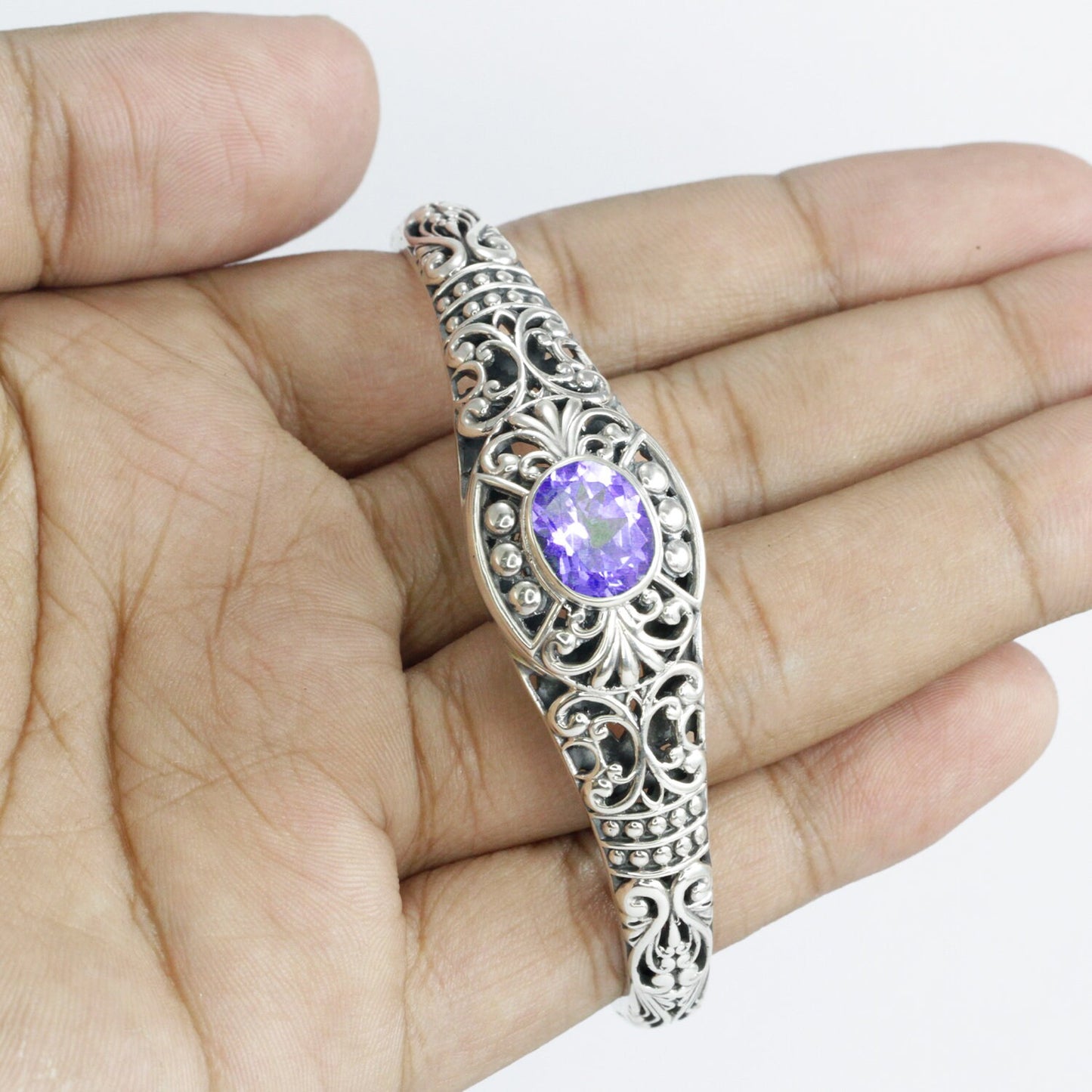 amethyst cuff bangle hinged bracelet 925 sterling silver decorated with open work filigree ornament
