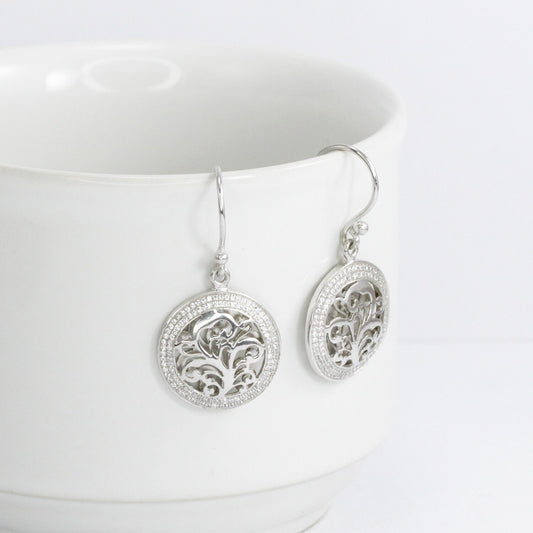 tree of life earrings 925 sterling silver earrings open work filigree inspired and white stone pave
