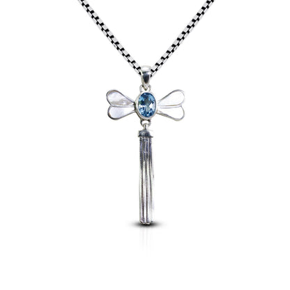 Dragonfly pendant necklace 925 sterling silver genuine blue topaz decorated with chain tails moveable