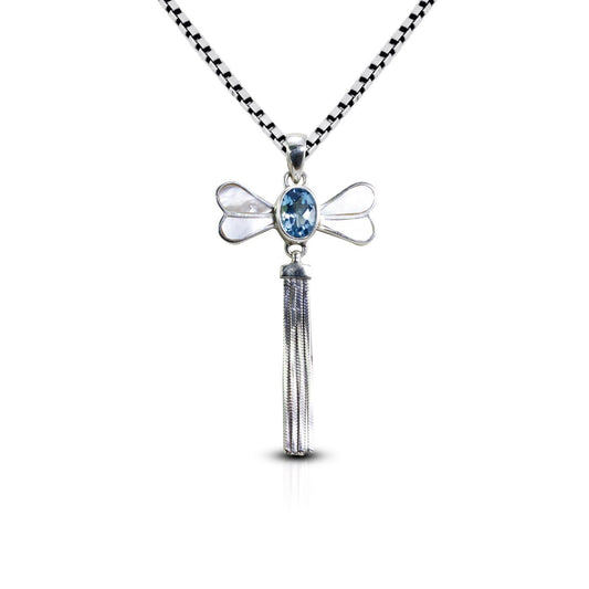 Dragonfly pendant necklace 925 sterling silver genuine blue topaz decorated with chain tails moveable