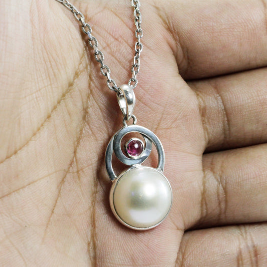 mabe pearl pendant necklace 925 sterling silver with genuine pink tourmaline