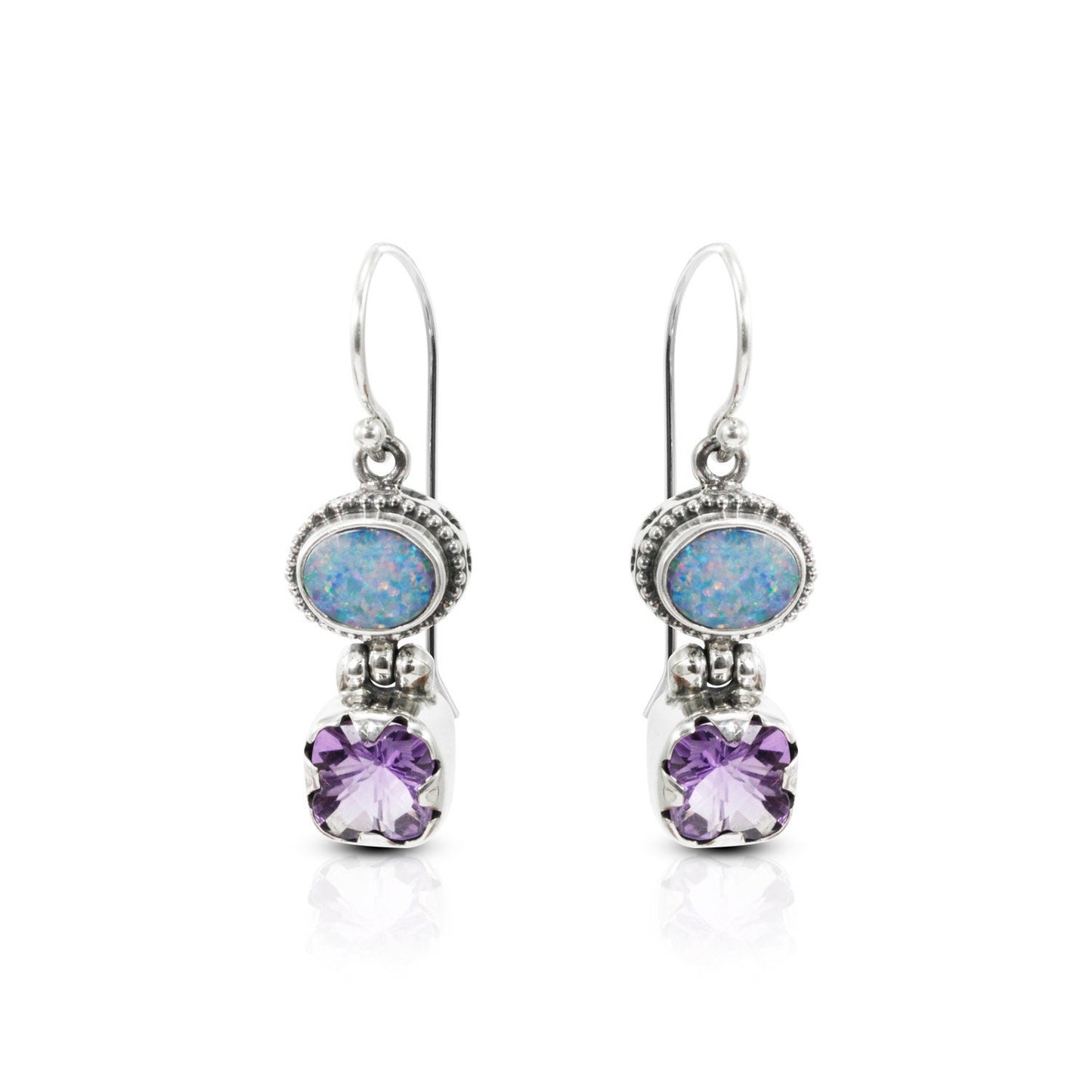 Australian opal earrings 925 sterling silver with genuine Brazilian amethyst, two stones earrings dangle