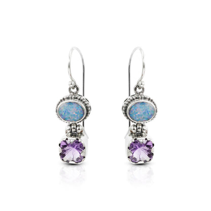 Australian opal earrings 925 sterling silver with genuine Brazilian amethyst, two stones earrings dangle