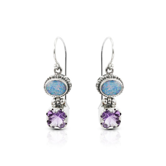 Australian opal earrings 925 sterling silver with genuine Brazilian amethyst, two stones earrings dangle