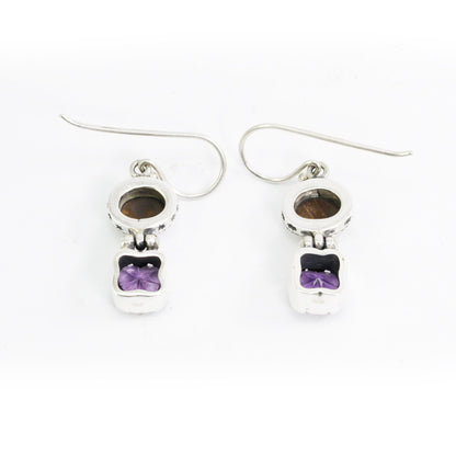 Australian opal earrings 925 sterling silver with genuine Brazilian amethyst, two stones earrings dangle