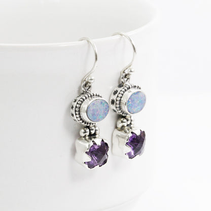 Australian opal earrings 925 sterling silver with genuine Brazilian amethyst, two stones earrings dangle