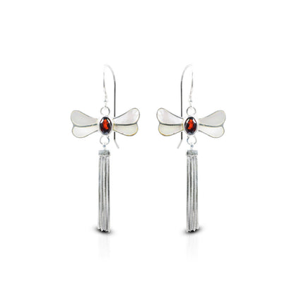 dragonfly earrings 925 sterling silver with genuine red garnet decorated with chain tails
