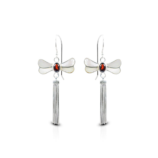 dragonfly earrings 925 sterling silver with genuine red garnet decorated with chain tails