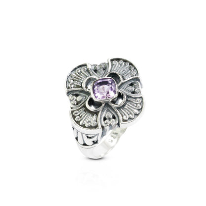 Maltese cross ring 925 sterling silver with genuine Brazilian amethyst decorated with filigree ornament