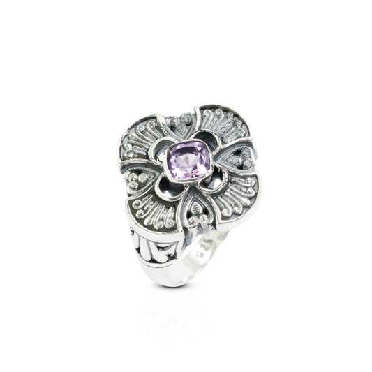 Maltese cross ring 925 sterling silver with genuine Brazilian amethyst decorated with filigree ornament