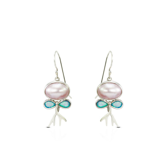 Pink mabe pearl earrings 925 sterling silver decorated with created blue opal