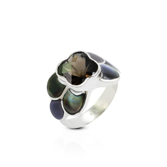 smoky quarts ring 925 sterling silver decorated with natural black shell