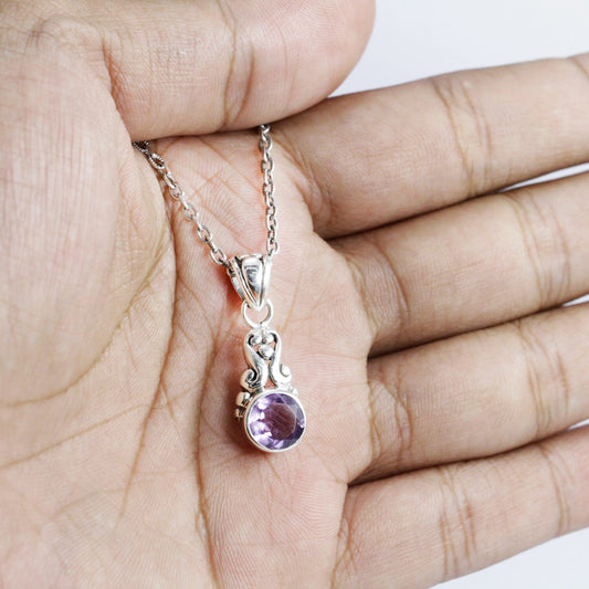 Amethyst Pendant Necklace dangling 925 sterling silver decorated with filigree ornament