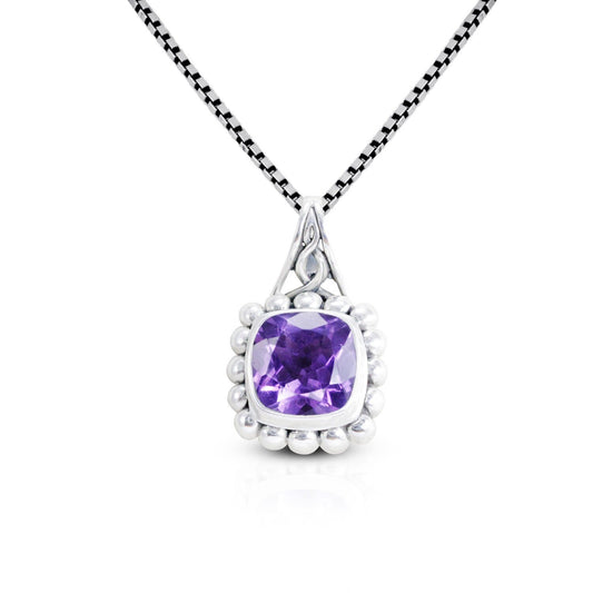 Amethyst Pendant Necklace 925 sterling silver with dot inspired ornament bezel