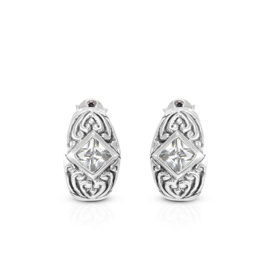 hoop earrings 925 sterling silver combined with inspired Bali ornament filigree and white zirconia