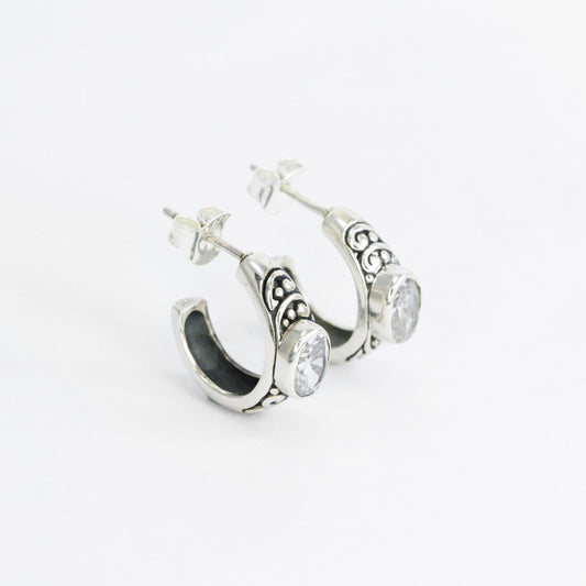 hoop earrings 925 sterling silver with white zirconia and Bali inspired filigree
