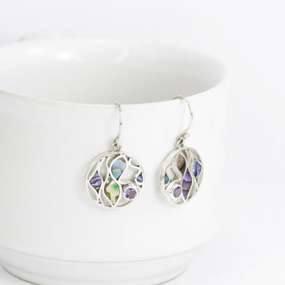 abalone shell earrings 925 sterling silver with natural Brazilian amethyst decorated with ocean wave inspired design
