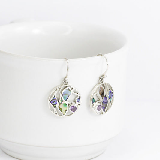 abalone shell earrings 925 sterling silver with natural Brazilian amethyst decorated with ocean wave inspired design