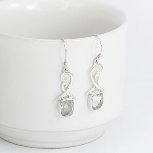 Drop earrings with mystique topaz set in 925 sterling silver with filigree